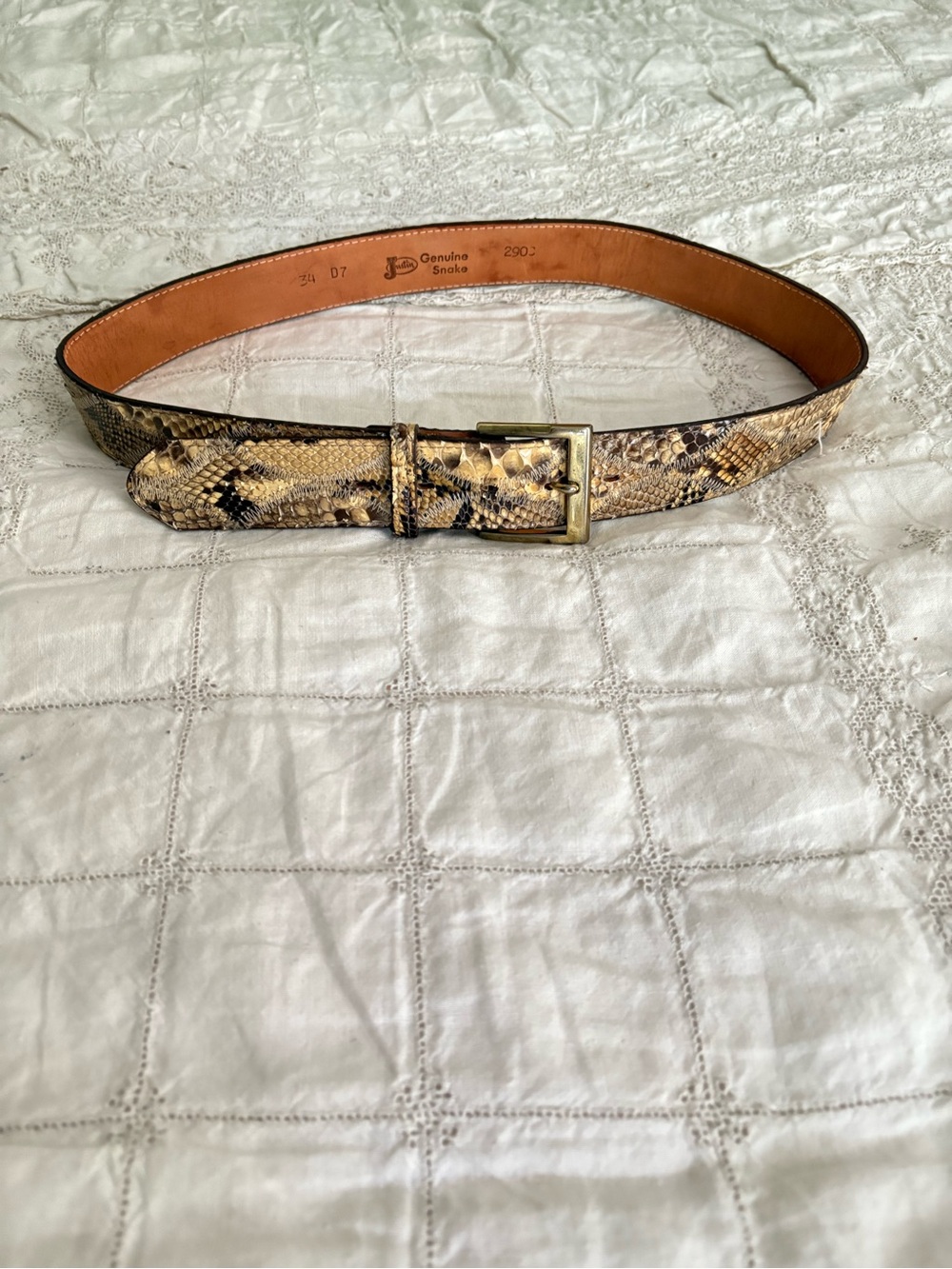 Genuine Snakeskin Leather Belt with Gold Buckle - Tan/Brown Justin 34